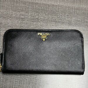 Prada Black Saffiano Zip Wallet with Gold Logo